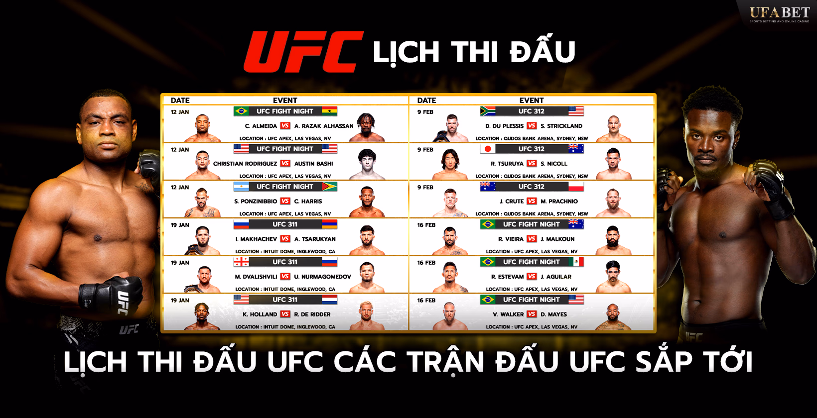 Lịch Trình Các Trận Đấu UFC Sắp Tới