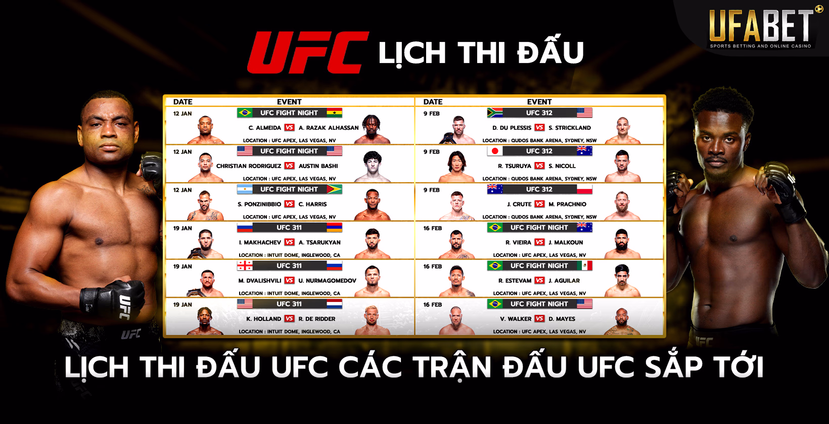 Lịch Trình Các Trận Đấu UFC Sắp Tới