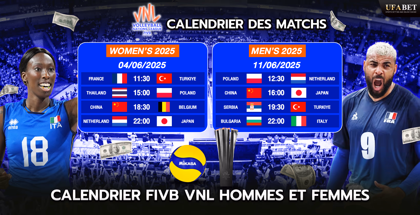 Programme des compétitions de volleyball masculin et féminin VNL 2025