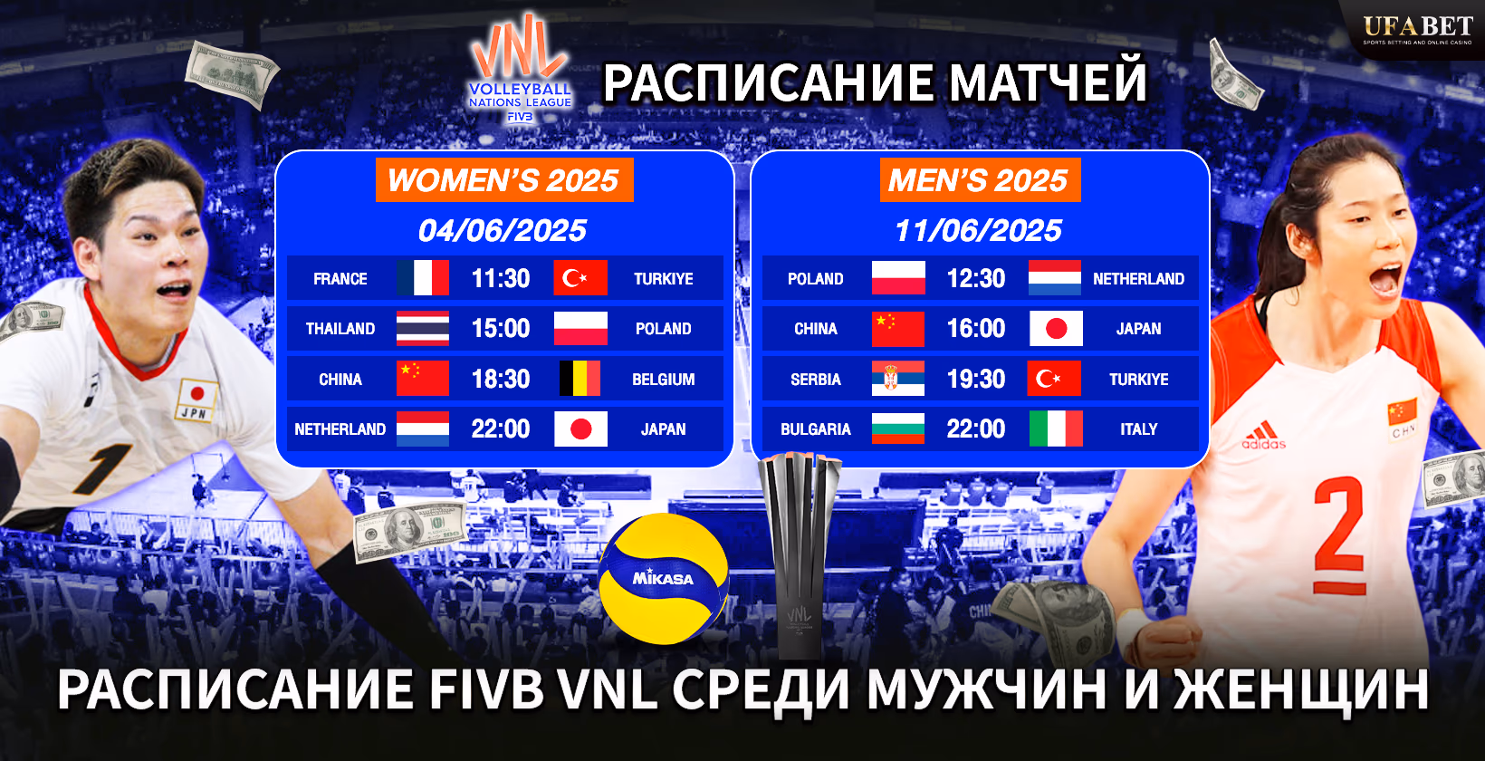 Расписание соревнований по волейболу для мужчин и женщин VNL 2025